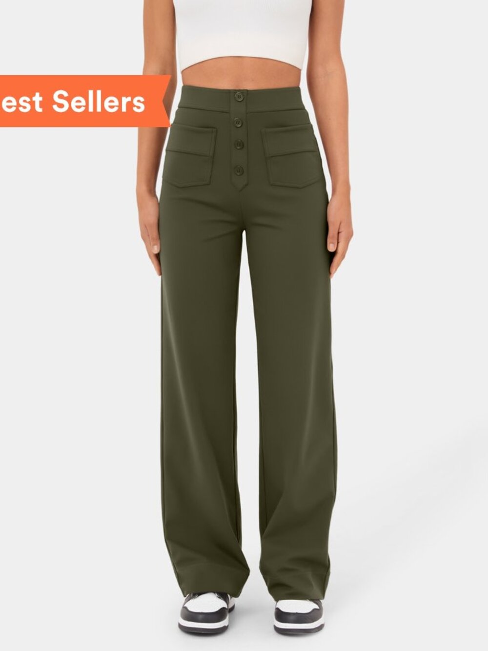 Halara High Waisted Straight Leg Pants XL Tall Olive Green Button Front Pockets